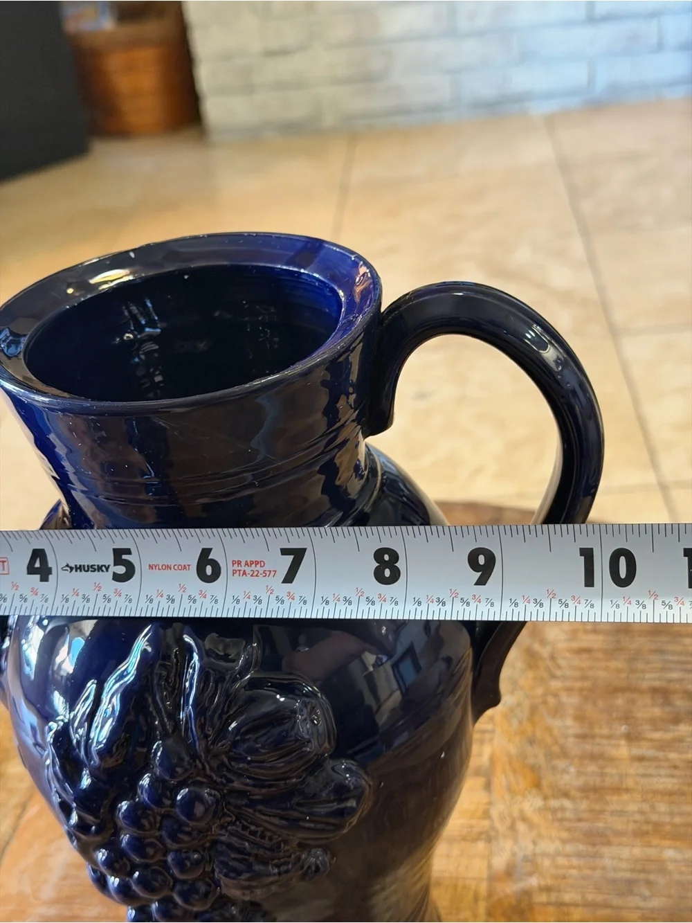 Italian Cobalt Blue Ceramic Teapot Kettle, Raised Grape Fruit Floral Pottery